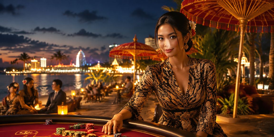 Perempuan bermain aplikasi casino di tepi pantai dengan suasana santai