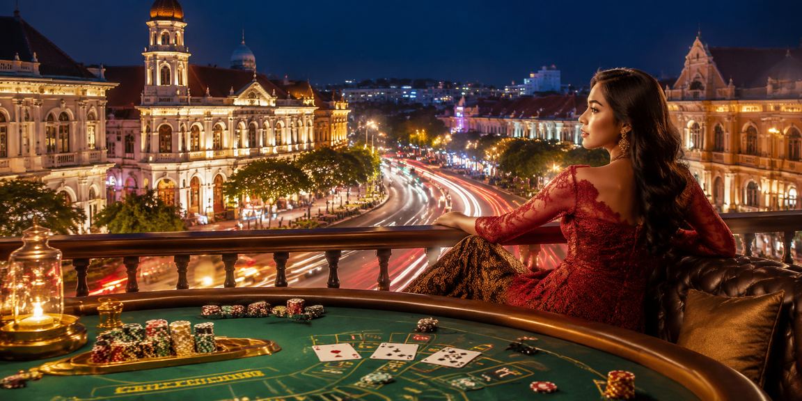 Meja baccarat bercahaya neon dengan suasana casino eksklusif