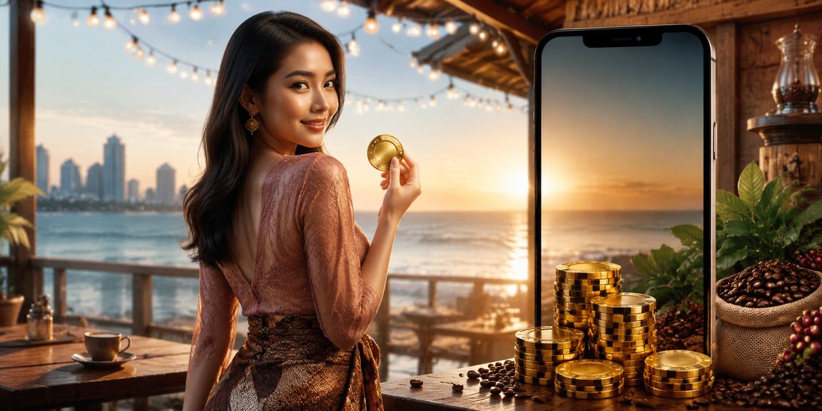 Pengguna menikmati bonus deposit sambil minum kopi dengan tampilan santai dan modern