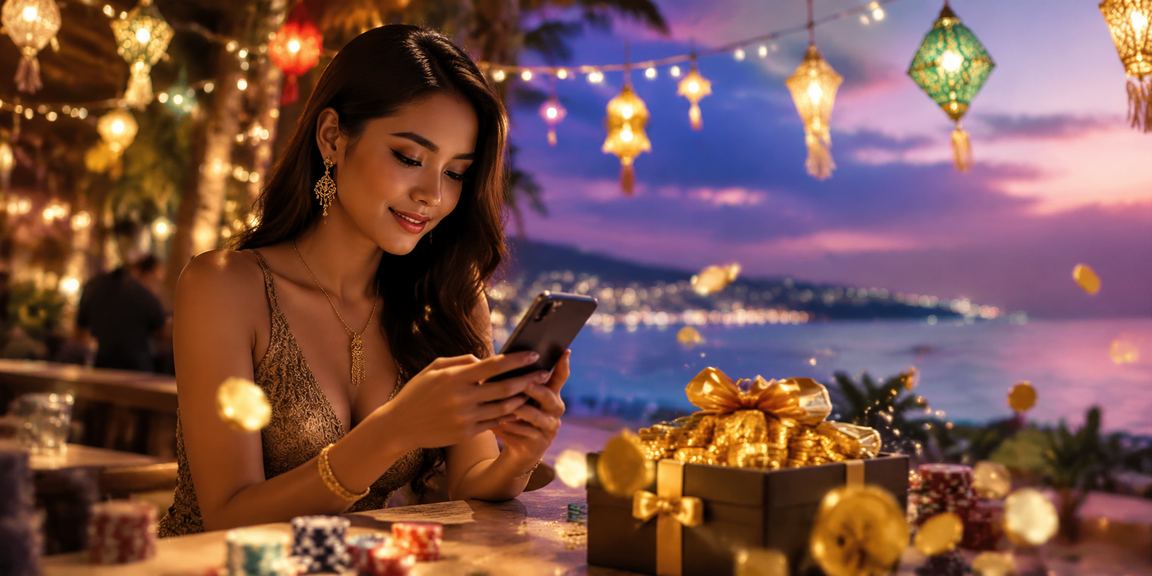 Penghargaan VIP bonus di tepi pantai tropis dengan suasana meriah dan mewah