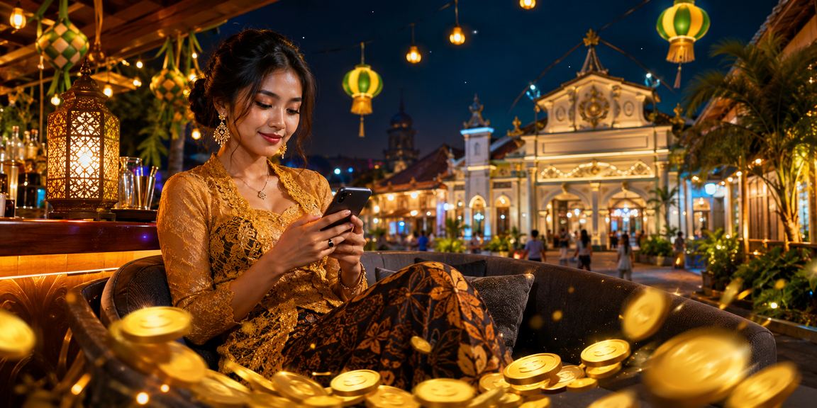 Pengguna menikmati permainan casino di ponsel dengan tampilan festival yang meriah