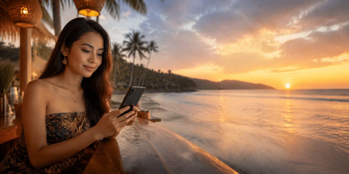Pengalaman bermain casino mobile di pantai Vietnam dengan latar pemandangan sore hari