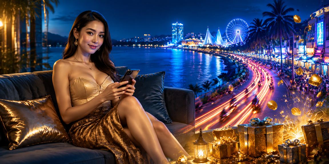 Pengguna bermain casino mobile di tepi pantai dengan smartphone di tangan