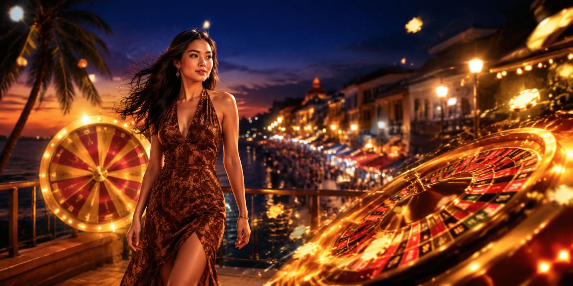 Meja roulette casino dengan suasana pasar malam yang meriah dan penuh cahaya warna-warni